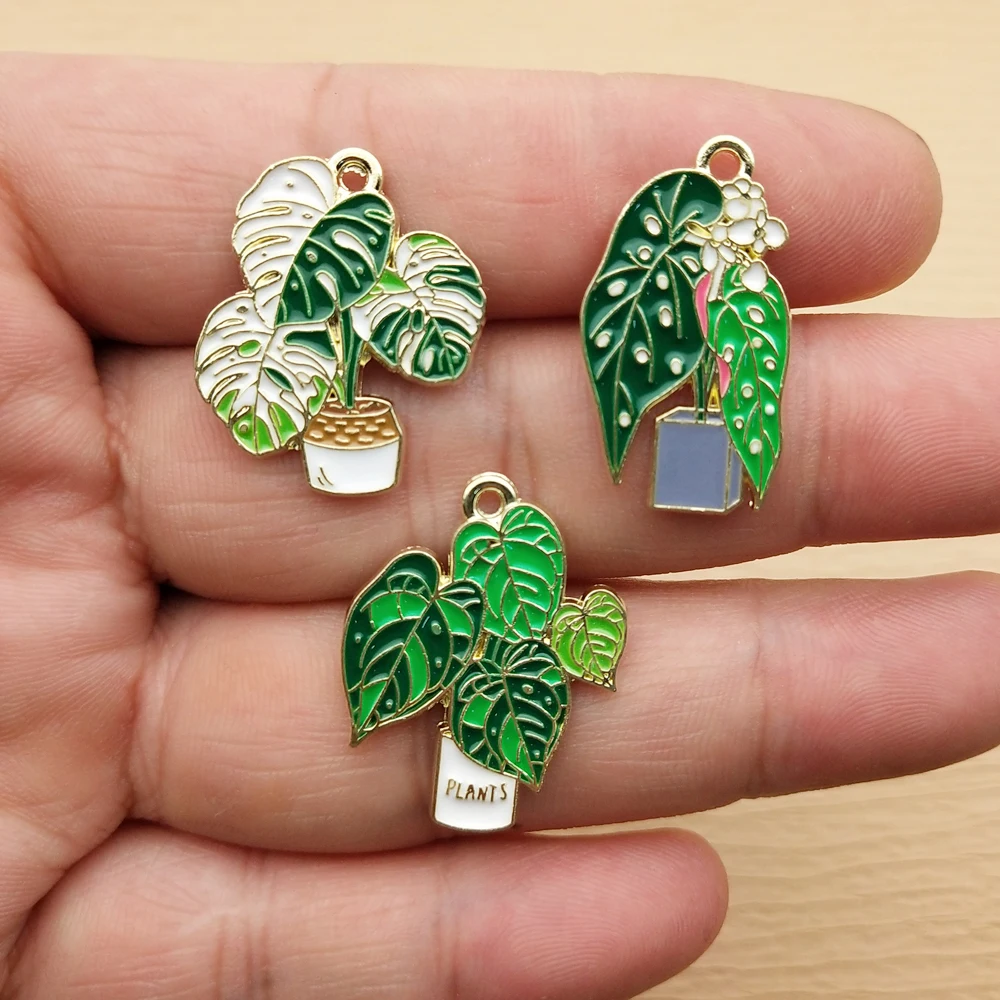 Breloque plante en Pot pour la fabrication de bijoux, 10 pièces, collier en émail, boucle d'oreille, Bracelet, pendentif, accessoires de bricolage, alliage métallique plaqué or