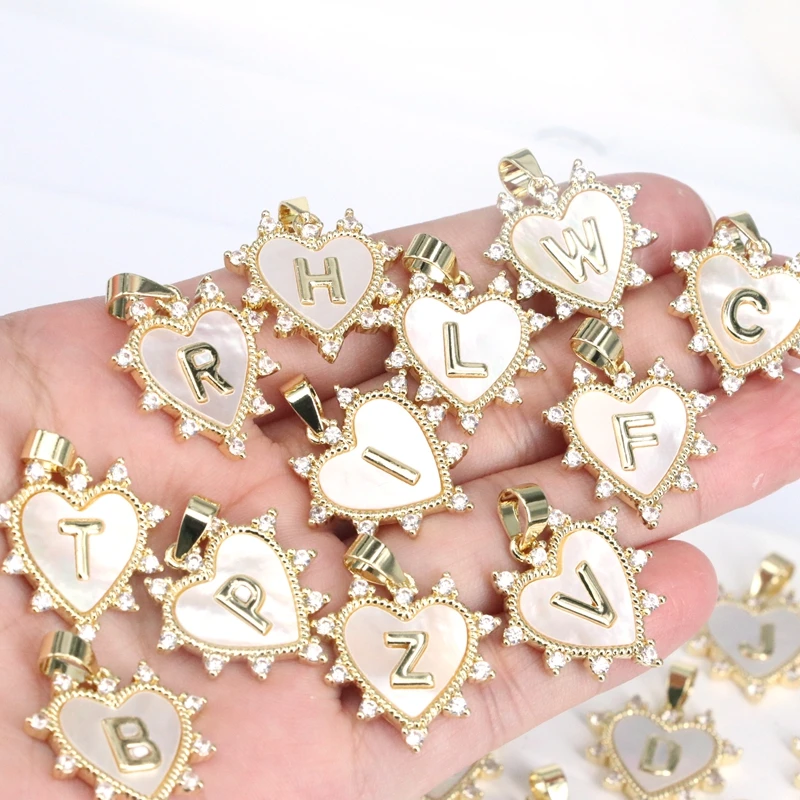 26PCS/26 English letters Brass Zircon Shell Heart Charms Pendants High Quality Necklace Earrings Diy Jewelry Accessories