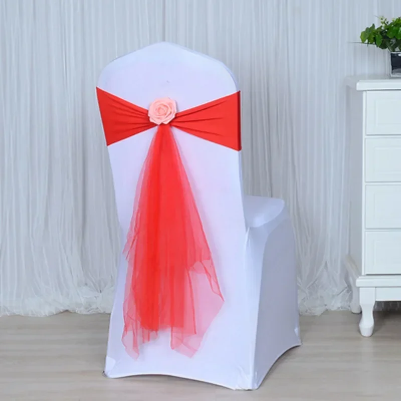 Stretch Organza Chair Sash With Rose Ball Wedding Decoration Spandex Artifical Flower Fit All Birthday Party Show