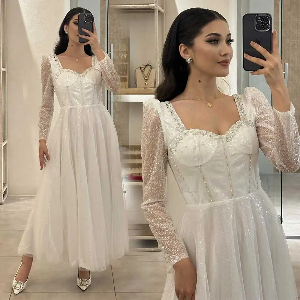 Customized Sparkling Elegant Wedding Dress Square Neck Long Sleeved Crystal Ankle-Length Tulle Sequin Women's Gorgeous Short Rob