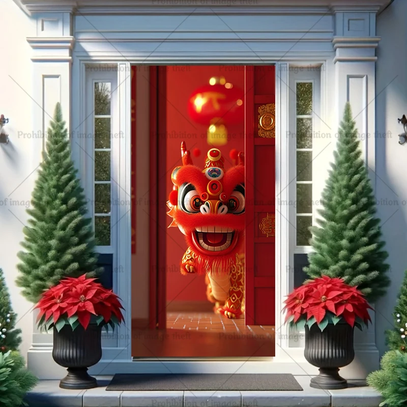 Happy Chinese New Year Theme Photography Background Dragon Lion Dance Lantern Red Door Cover Party Decoration Banner Prop Gifts