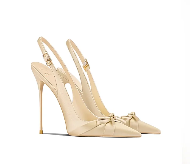 Escarpins à talons fins en soie abricot avec petit nœud, nouveau style d'été pour femme, confortables pour les pieds
