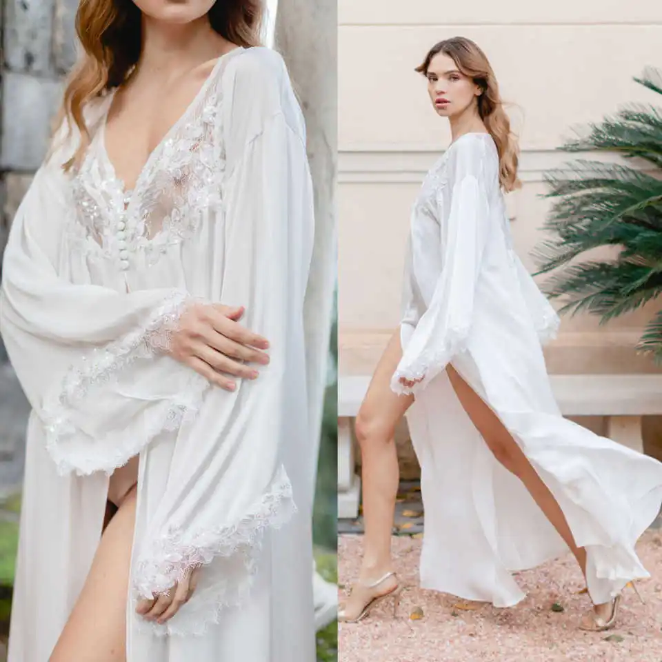 Elegant Women's Dressing Gown V-Neck Lace Appliques Long Sleeve Robe Puffy Pregnancy Maternity Dress for Nightgown Customized