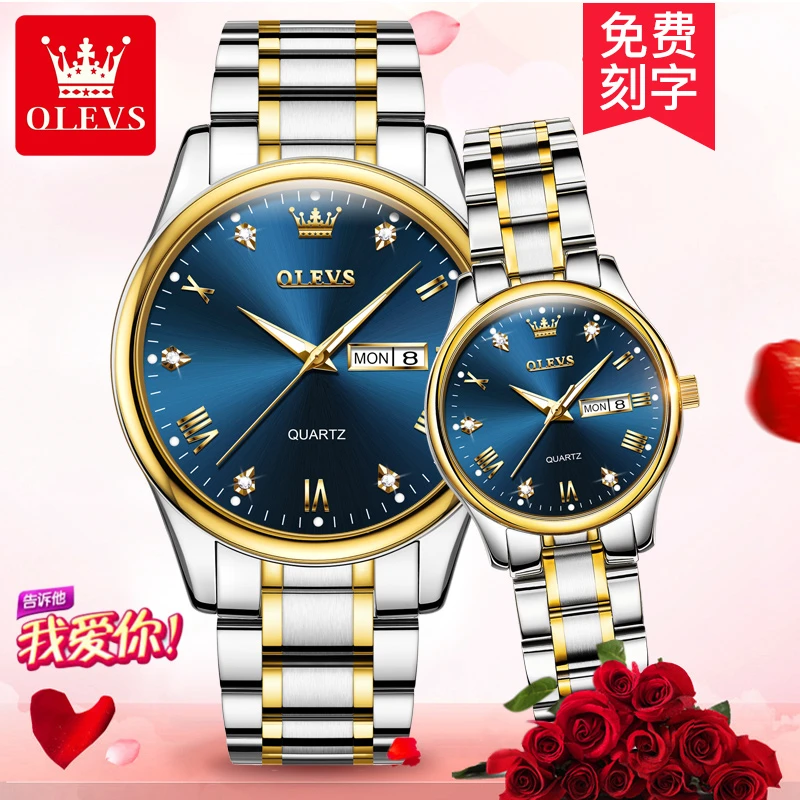 OLEVS 5563 New Golden Diamond-encrusted Quartz Watches For Couple Stainless Steel Strap Fashion Waterproof Lover\'s Wristwatches