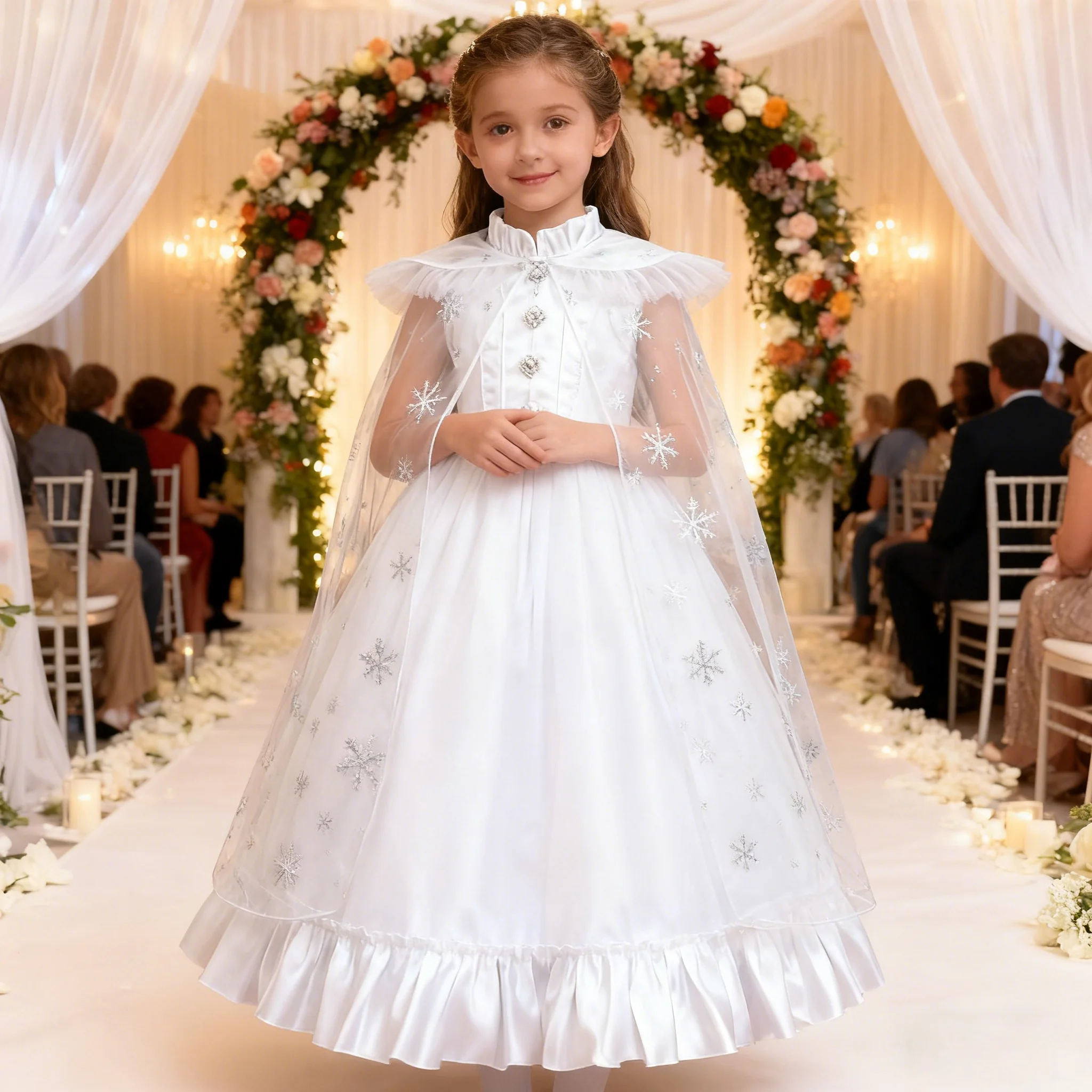 

Flower Girl Dresses with cape Puffy Girl Dress white Baby Dress With Train Bow Cute Kid's Child Birthday Dresses Frist Communion