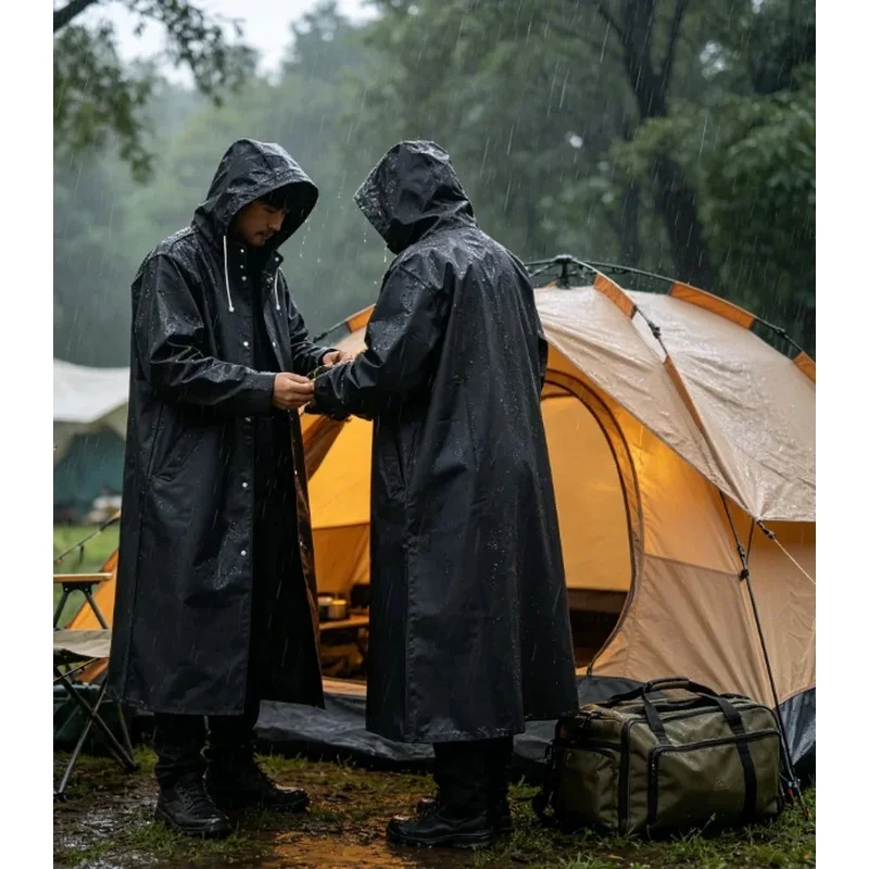 Black Long EVA Raincoat for Adults, Hooded Windbreaker-Style Rain Cover with Hat Drawcord for Fishing, Hiking and Outdoor Travel