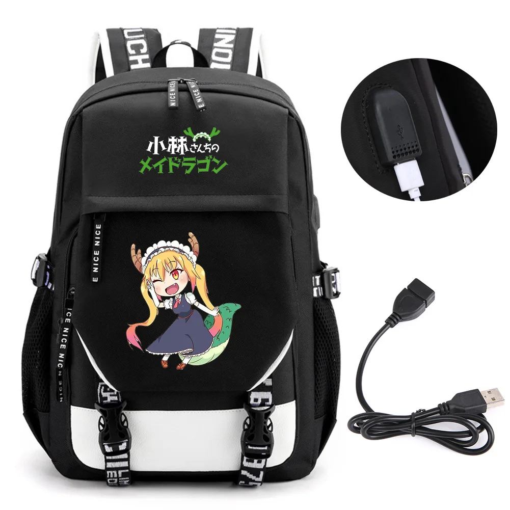 Anime Miss Kobayashi's Dragon Maid Backpack School Book Bags Mochila Travel USB Port Bag Laptop Boy Girls Backpack