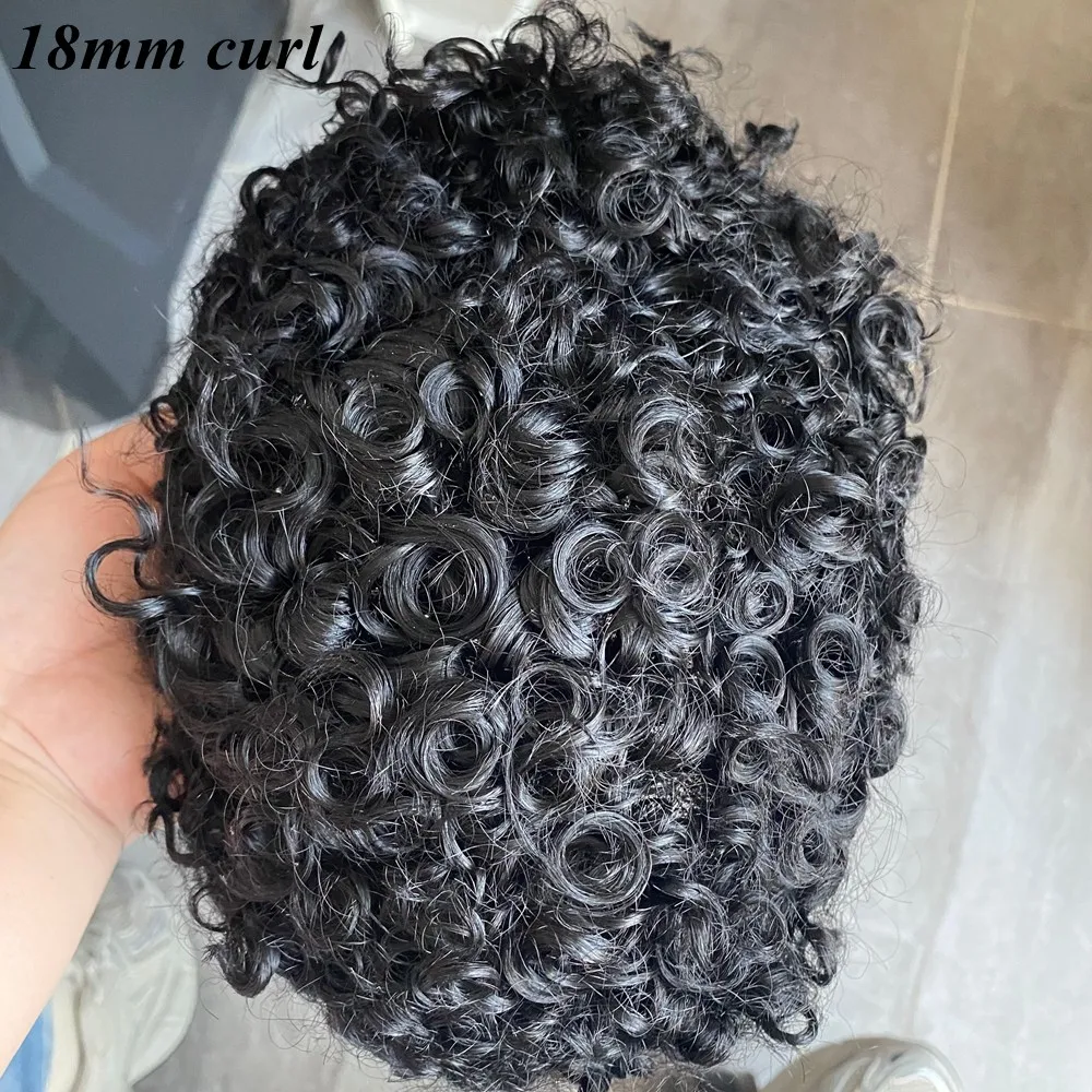 Super Durable Poly Skin 18mm Curly Men's Human Hair Toupee #1 #4 Black Brown Grey Hairpieces Injected Cheapest PU Base Prosthesi