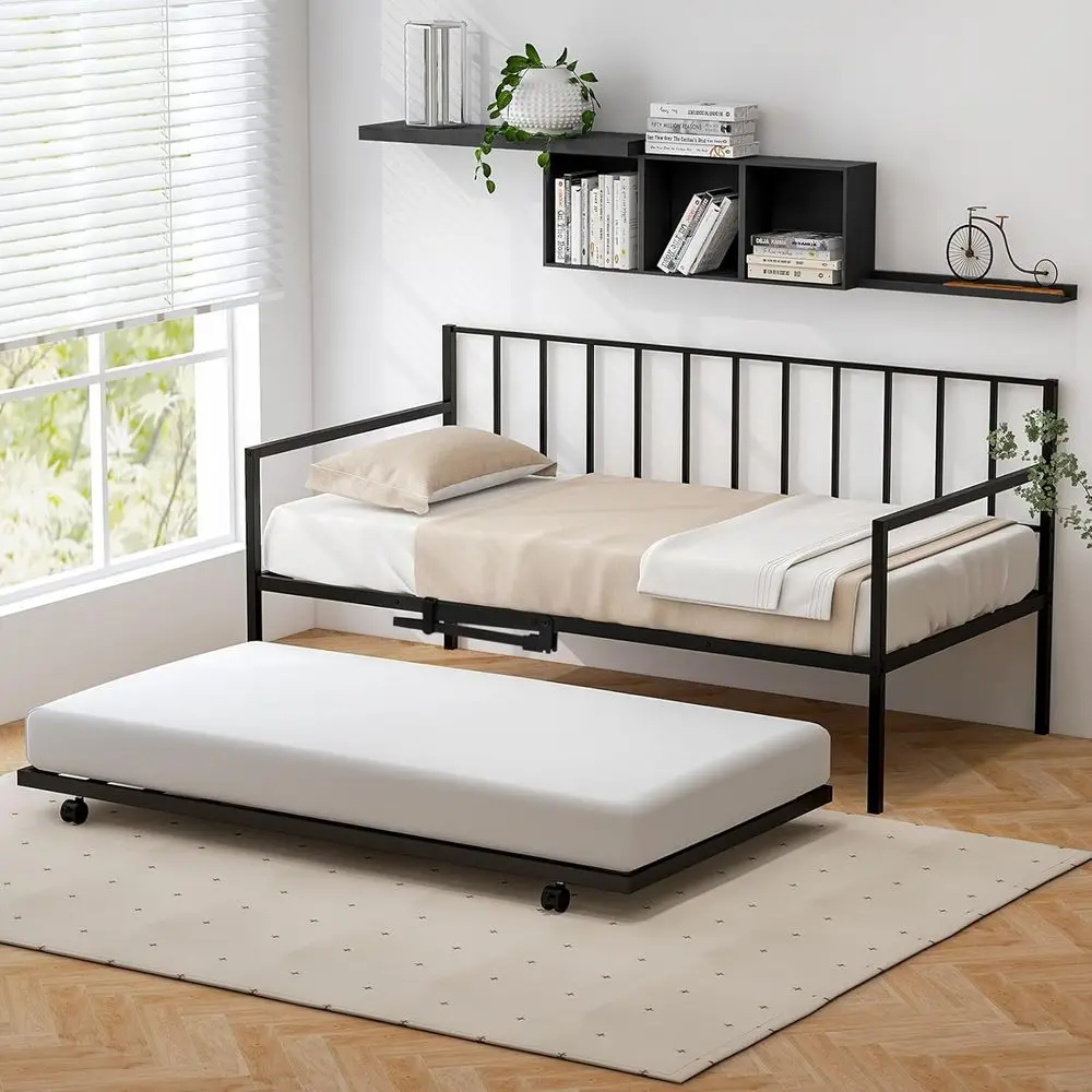 Twin Size Metal Daybed with Pull-Out Trundle, Steel Slat Support, 4 Lockable Wheels, Space-Saving for Bedrooms or Living Rooms,