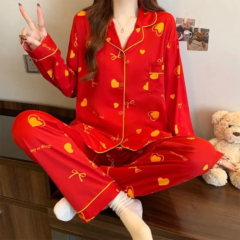 Women Red Pajamas Long Sleeve Trousers Sleepwear Autumn Pijama Casual Nightwear Ladies Pyjamas Home Wears 2 Piece Set New Style