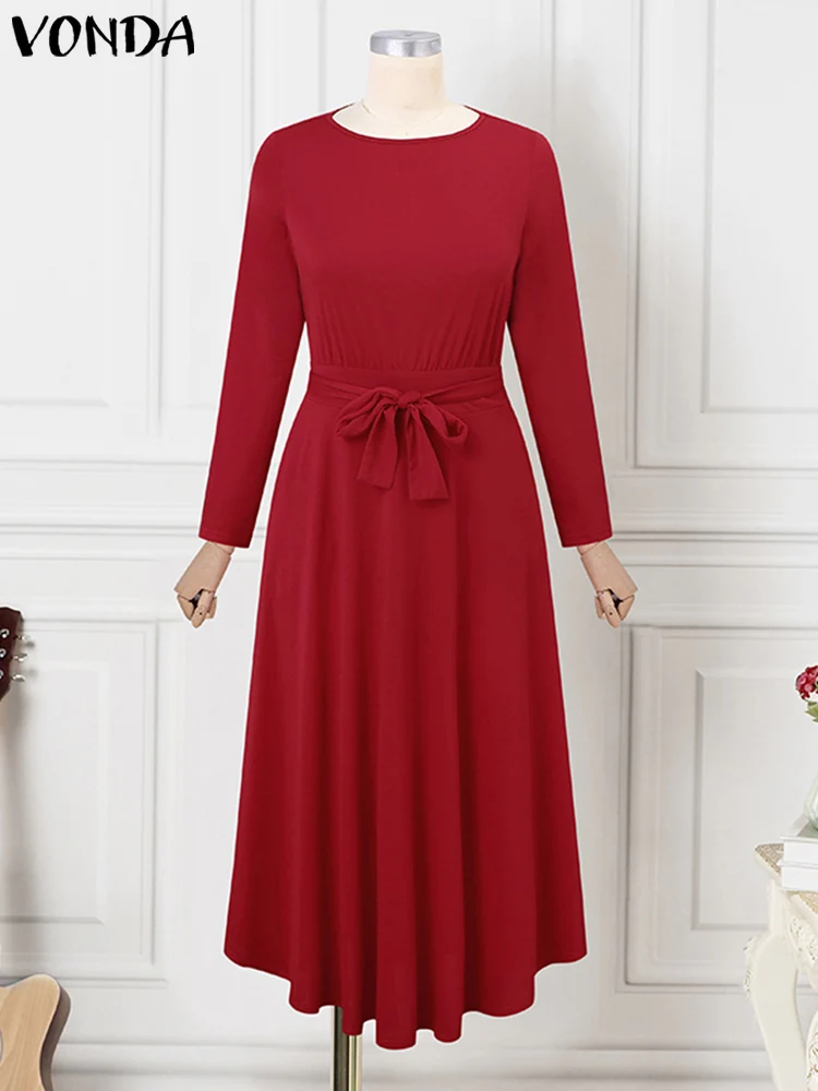 VONDA-Robe de soirée à lacets pour femme, manches longues, col rond, couleur unie, ligne A, ceinture, grande taille, 5XL