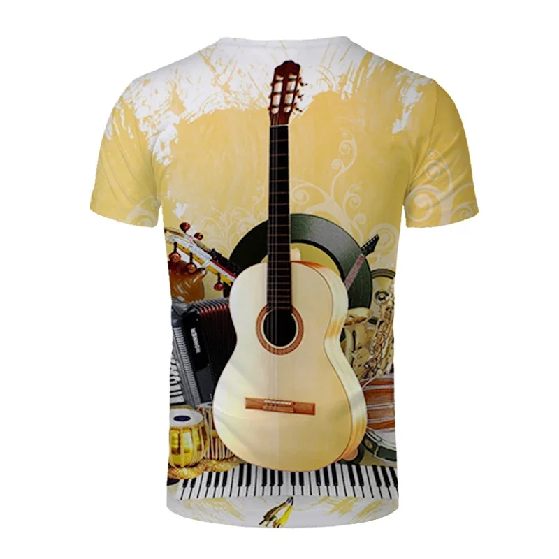 Men's and Women's Children's Music Symbol Guitar 3D Pattern Printed T-shirt Breathable Thin Crew Neck