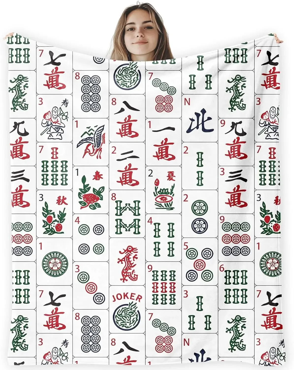 Mahjong Blanket Chinese Characters Tile Game Pattern Throw Blanket Lucky Oriental Culture Bed Couch Sofa Bedding for Adults