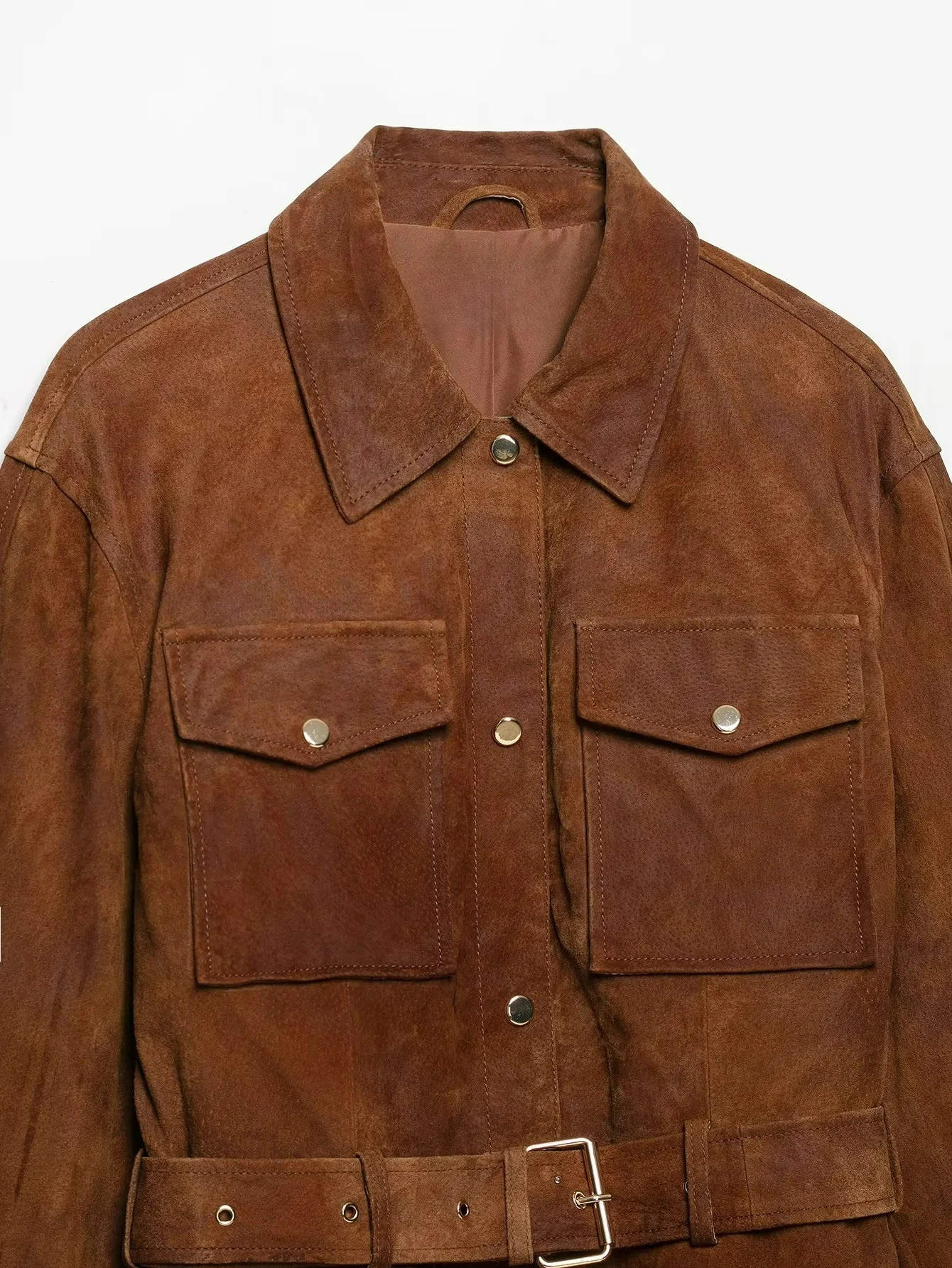 KONDALA Vintage Casual Damen Wildlederjacke mit Knöpfen, Gürtel und Taschen, Modische Jacke für Herbst/Winter 2026, Streetwear, Bürojacke für Damen – Detail 4