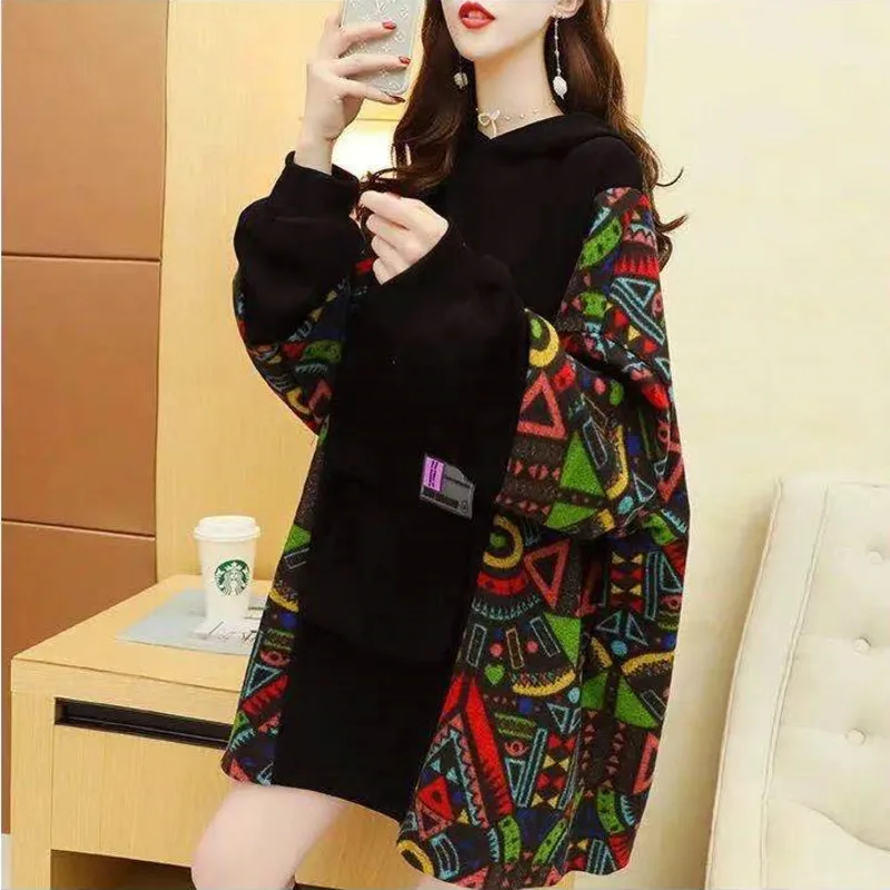 Spring Autumn Women\'s Sweatshirt Korean Loose Medium And Long Patchwork Print Hoodies Thin Long Sleeves Tops Female