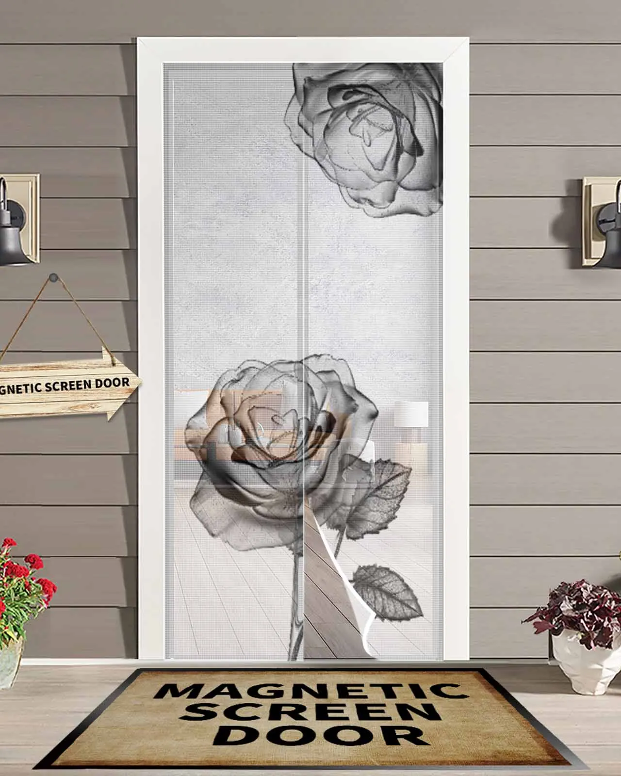 

Rose Black And White Summer Magnetic Door Curtain Living Room Bedroom Home Anti-mosquito Screen Door Curtain