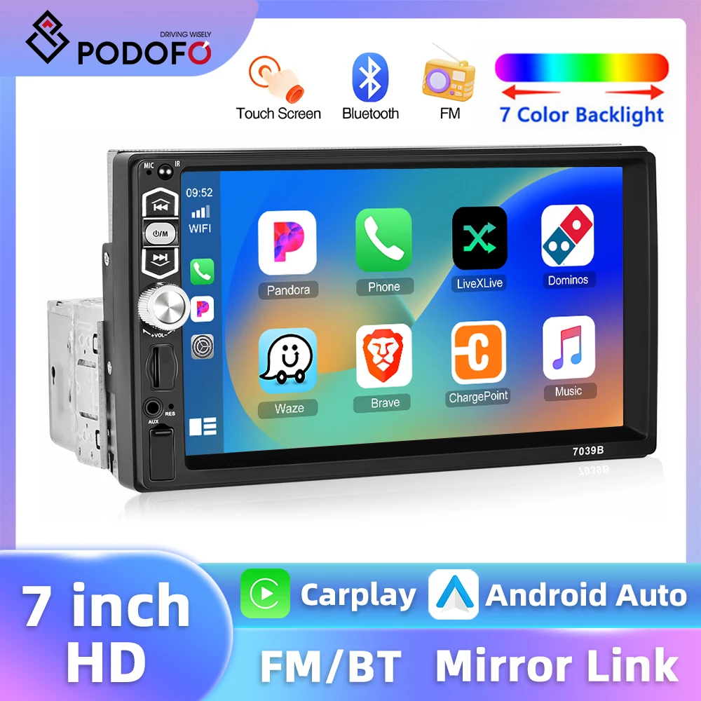 Podofo 1 Din 7'' CarPlay MP5 Car Radio Android Auto Mirror-Link Multimedia Player Audio Stereo Rear View Camera Car DVR USB TF