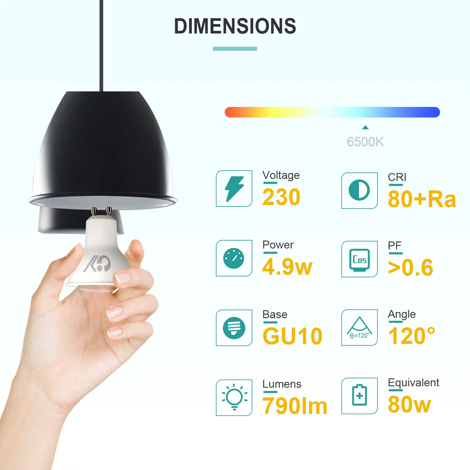 GY GU10 LED Light Bulb 4.9W 790 Lumens, 80W Halogen Replacement, New Energy Efficiency Class B, Non-dimmable GU10 LED Bulbs