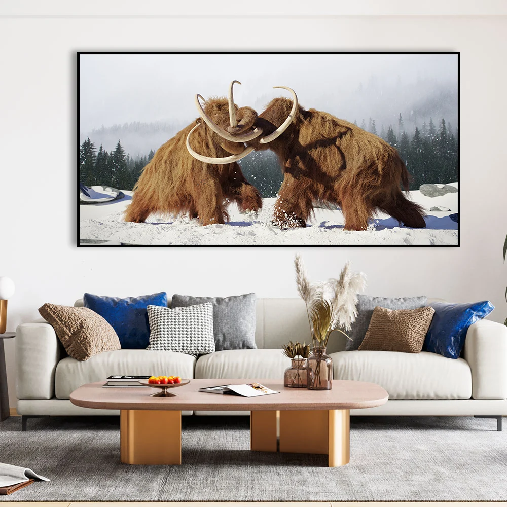 Mammoths Fighting Painting Extinct Animal Canvas Prints Poster Wildlife Wall Art Picture for Living Room Aesthetic Home Decor