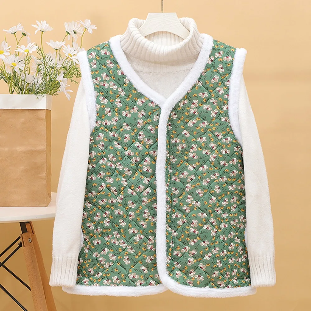 

Basic Chinese Style Floral Plush Vest Sweet with Pockets Flower Sleeveless Coat Warm Thick Cardigan Jackets Spring Autumn