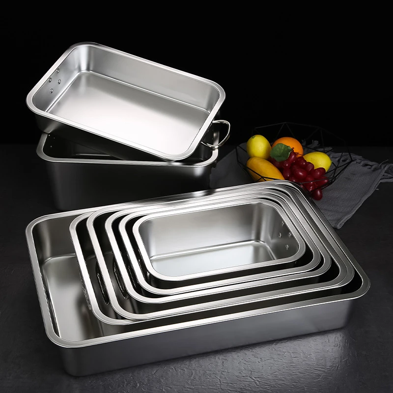 Thicken Stainless Steel Square Basin Fruit Food Storage Tray Deep Plate with Handle Pans Kitchen Cake Bread Loaf Baking Dish