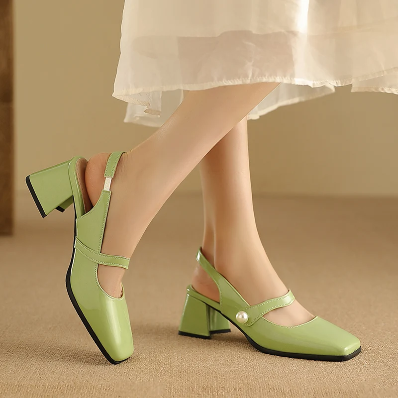 New Arrival Fashion Women Pumps Slingback Sandals Square Toe Patent Leather Block High Heeled Mary Jane Shoes Ladies Gold Silver