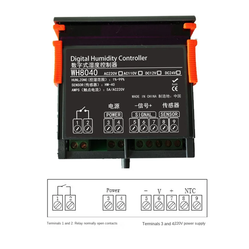 WH8040 Digital Eletrônico Controlador de Umidade, Instrumento Regulador, Interruptor Sensor, Higrômetro, 1-99%, 220V