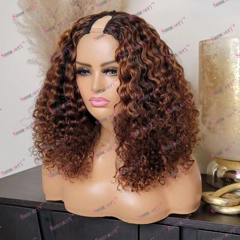 Glueless Natural Curly Wave Highlight Human Hair 1x4 U Shaped Wigs for Black Women Adjustable Middle V Part Wigs Full 180Density