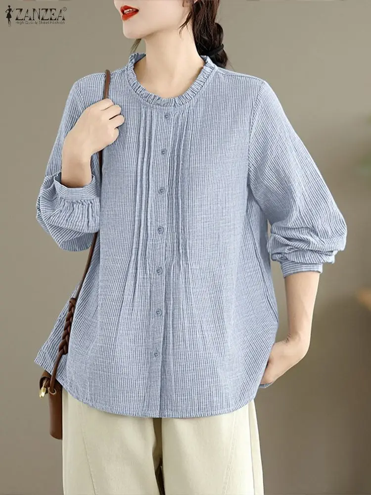 ZANZEA Damskie koszule w paski z marszczeniami, jesień 2025, codzienne bluzki z falbankami, dekolt okrągły, rękawy typu lampion, zapinane na guziki, odzież damska, rozmiary S-3XL
