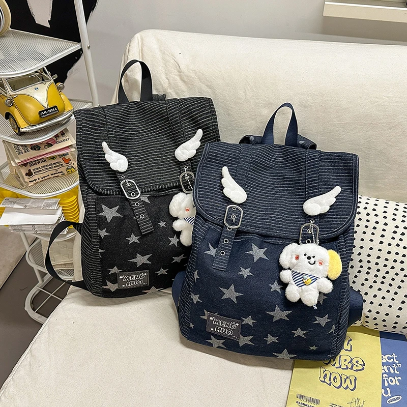 

Star Striped Denim Backpack For Women Y2k Style Cool School Bag Large Capacity Travel Rucksack With Wing Decor Flip Shoulder Bag