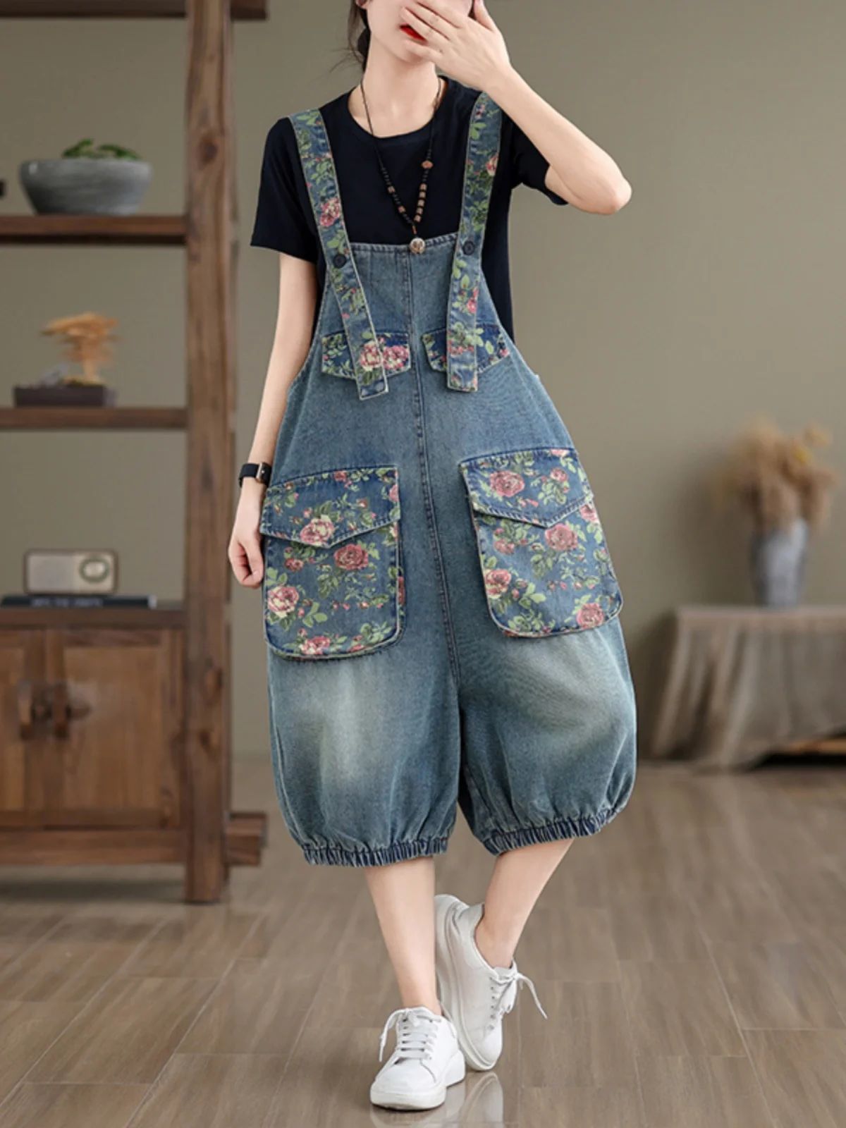 

Faionable plus Size Denim Overalls Summer Casual Loose High Waist Five-Quarter Length Women's Versatile Print Casual Jeans