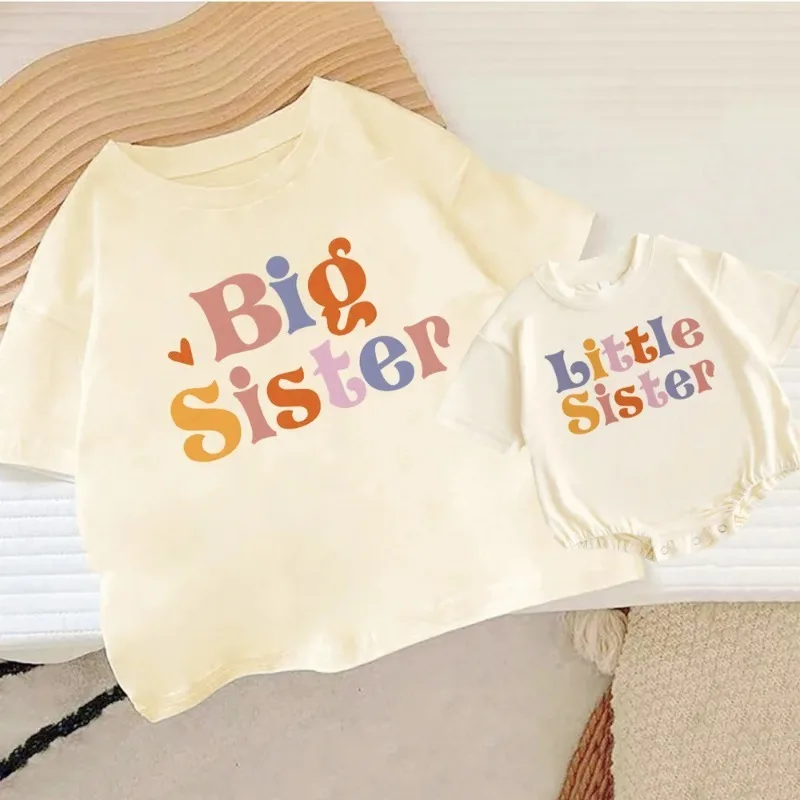 Big/Little Sister Print Family Matching Set Casual Retro Sisters Outfit Short Sleeve Kid T-shirt+Baby Bodysuit Summer Clothes