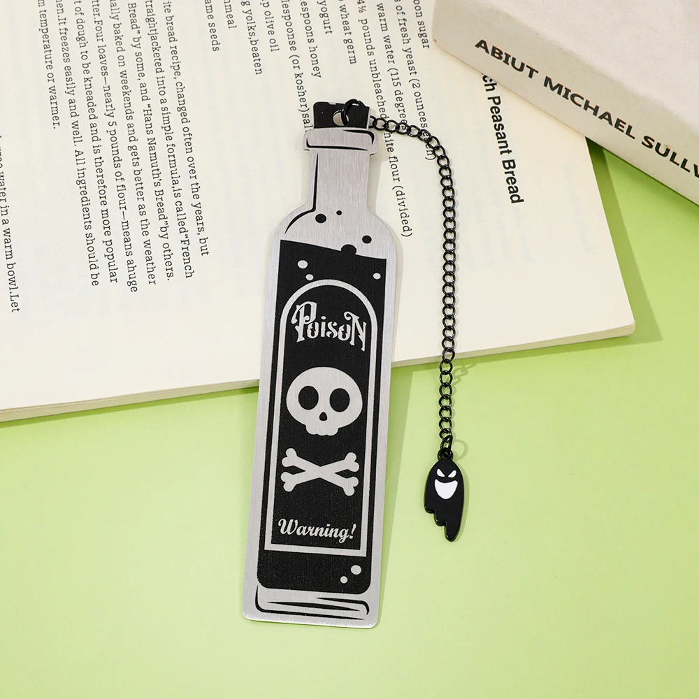 Halloween Skeleton Bottle Metal Bookmark with Ghost Pendant | Gothic Dark Style Book Marker for Book Lovers Gift