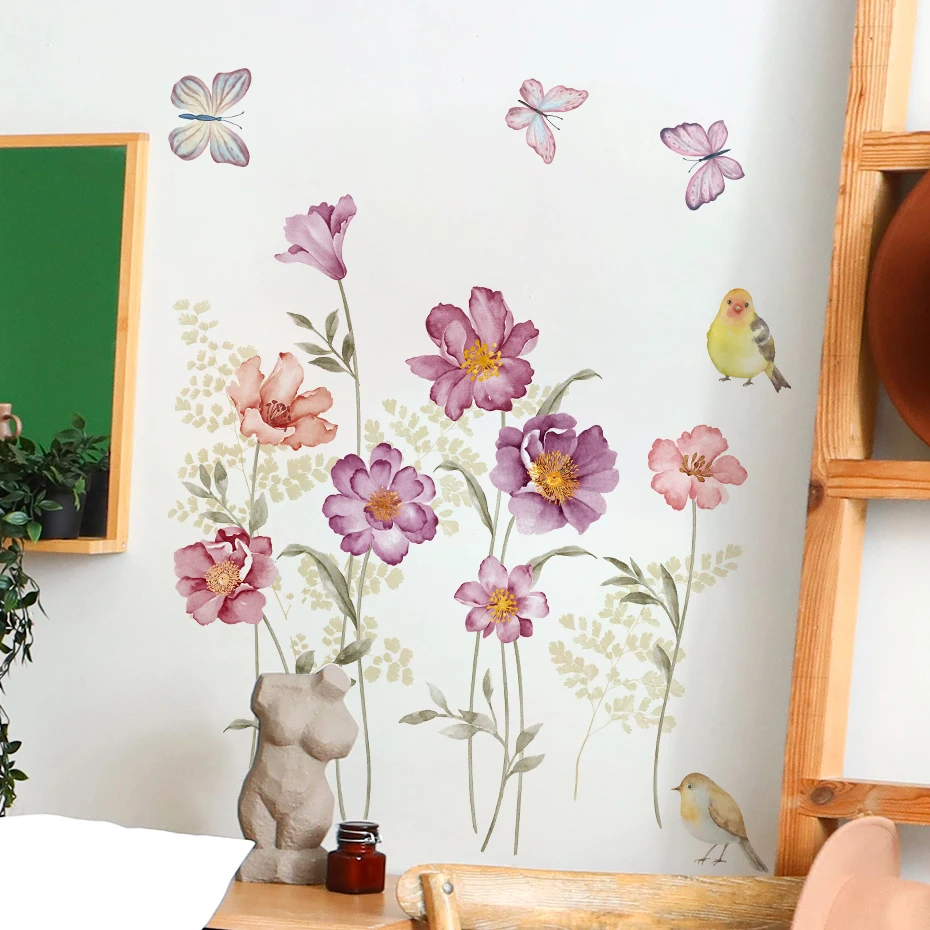 Watercolor Flowers Butterfly Wall Stickers for Children Room Door Removable Bedroom Living Room Wall Art Decoration Wall Decals