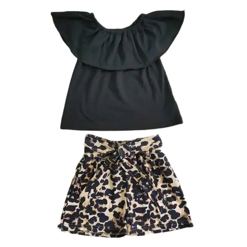 

Children Boutiques Fashion Infant Toddler Baby Girl's Outfit Kids Clothing Cotton Black Leopard Top Ruffle Shorts Set Outfits