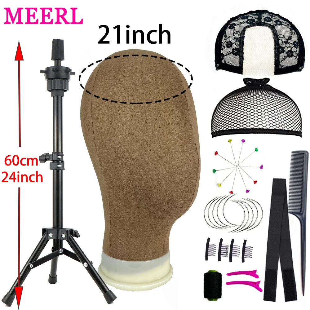 21/22/23''Training Mannequin Head Canvas Head For Wigs Making Display Wig Hair Brush With T Pin Wig Install Kit Tripod Wig Stand