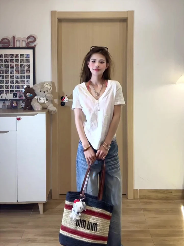 American Sle ort Sve V-Ne Design Slim Fit Women's T-irt Summer Casual Comfortable Breathable  Color Top