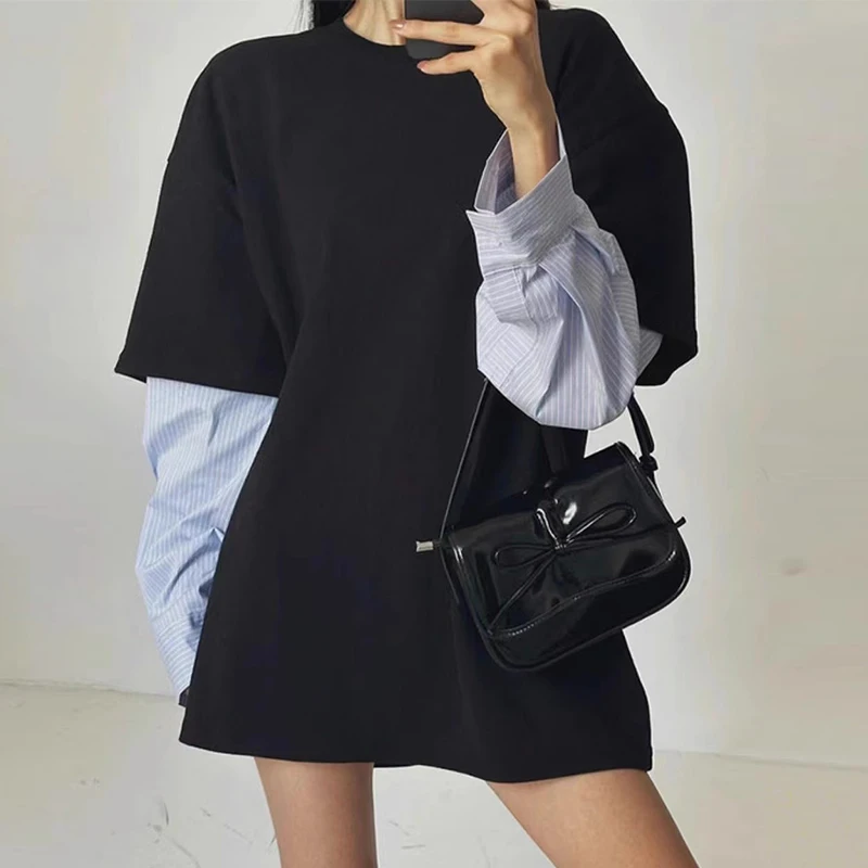 

Стильный свободный свитшот с длинными рукавами и круглым вырезом, в полоску, с лоскутным дизайном, для женщин, осенний сезон, модный тренд с цветовыми блоками