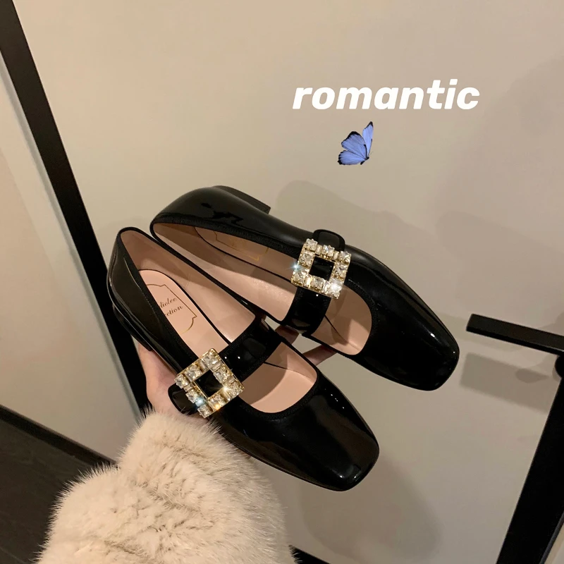 Shoes for Women Autumn New Style Square Head Rhinestone Square Buckle Flat Bottom Mary Jane Single Shoes Women Zapatos De Mujer