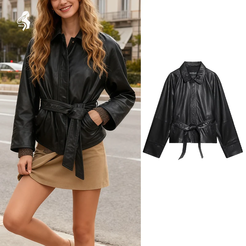 Women's Black Leather Jacket with Belt - Lapel Collar, Oversized Style, Vintage Inspired Motorcycle Coat