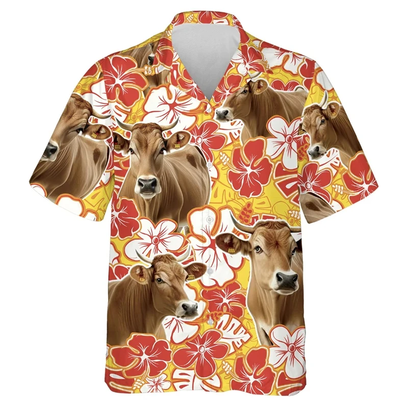 Brownswiss Cow 3D Print Shirts For Men Clothes Hawaiian Animal Cattle Graphic Beach Shirt Funny Swiss Cow Head Blouses Boy Tops