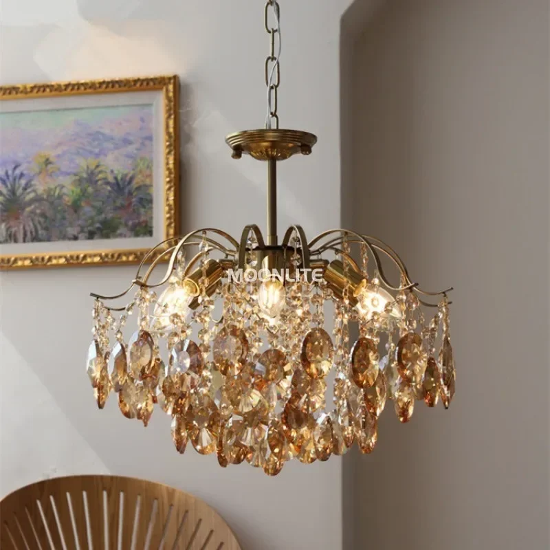 French romantic crystal chandelier American retro copper chandelier bedroom living room cloakroom