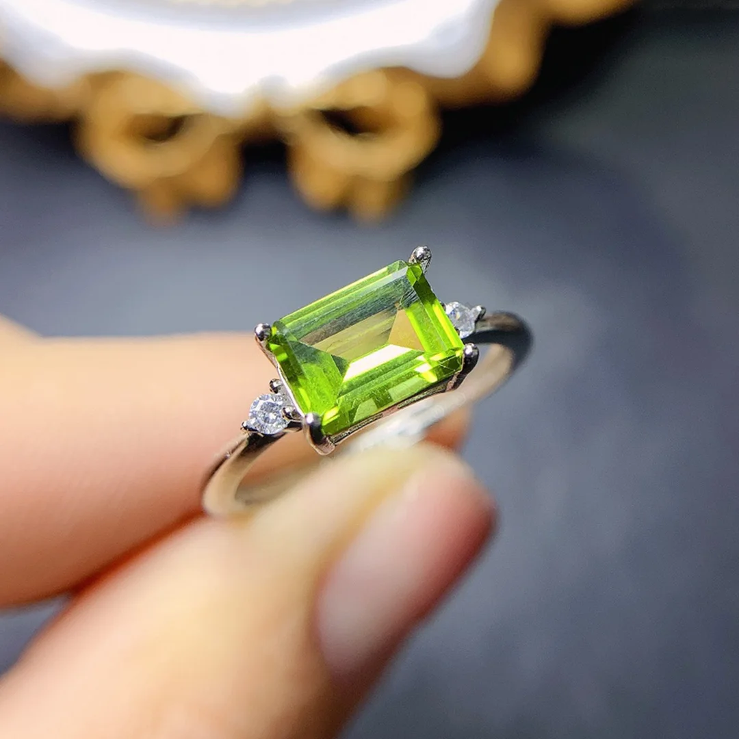 

Natural Green Peridot Ring for Women 925 Sterling Silver Jewelry Emerald Cut Gemstone Engagement Promise Rings