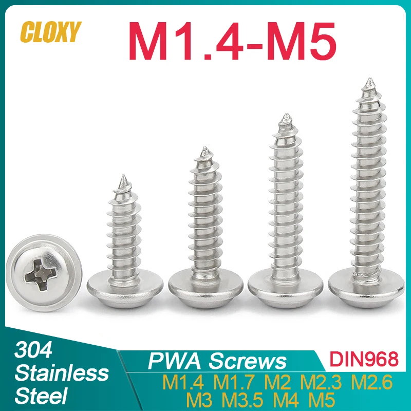 20/ 50/ 100/ 200pcs M1.4 M1.7 M2.6 M3- M5 304 Stainless Steel Cross Phillips Pan Round Head W/ Washer Collar Self-tapping Screw