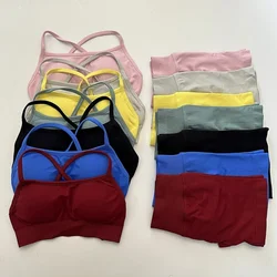 Yoga Gym Set Women Seamless Yoga Set 2 Pieces Workout Shorts Set Backless Sports Bra Scrunch Bum Shorts Fitness Clothes