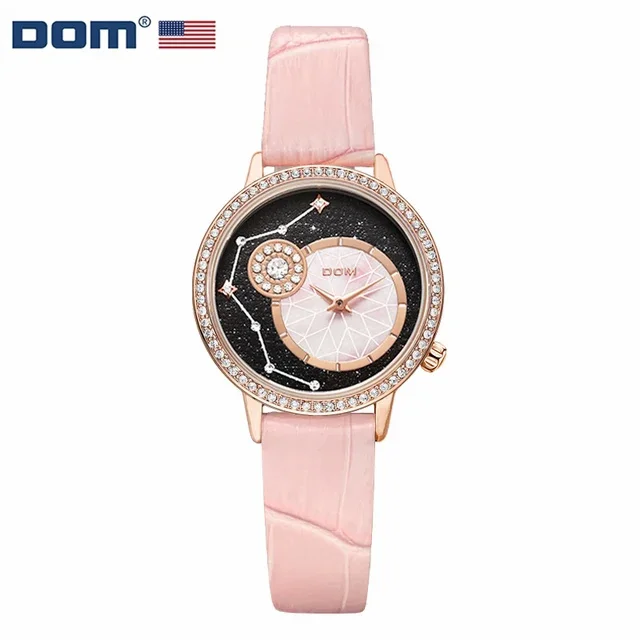 

DOM 1380 Round Quartz Watch Women Golden Pink Diamond Starry Sky Watches Pointer Stainless Ladies Wristwatches for Ladies Gift