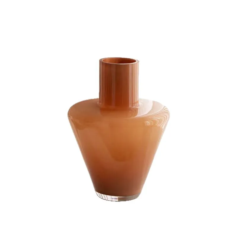 Medieval American retro caramel inverted triangular glass large vase light luxury home model room dining table ornament