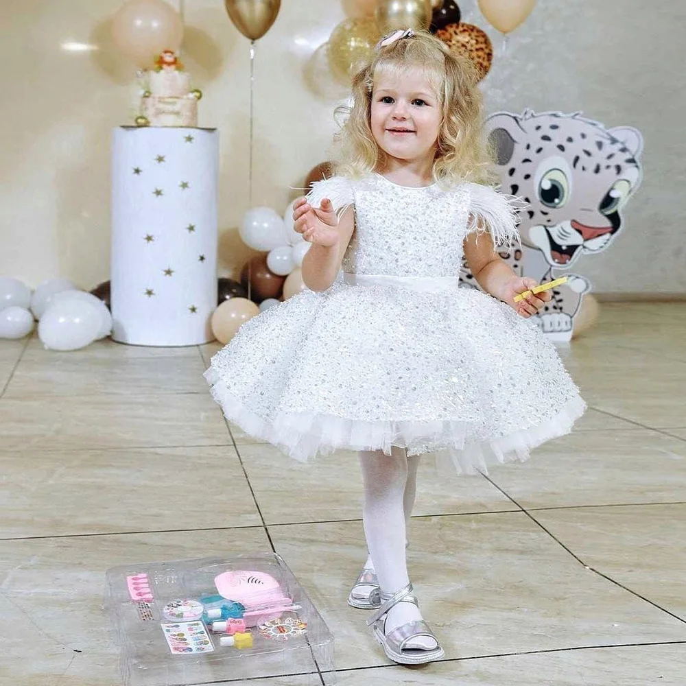 Lujoso vestido blanco de flores para niña, vestido de fiesta con cuello redondo y cuentas, para graduación, boda