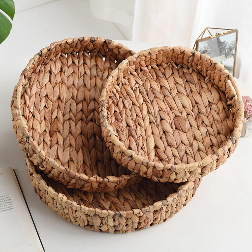 Rattan Wicker Basket Handwoven Fruit Tea Snack Bread Basket Cosmetic Round Storage Box Water Hyacinth Weaving Bamboo Tray