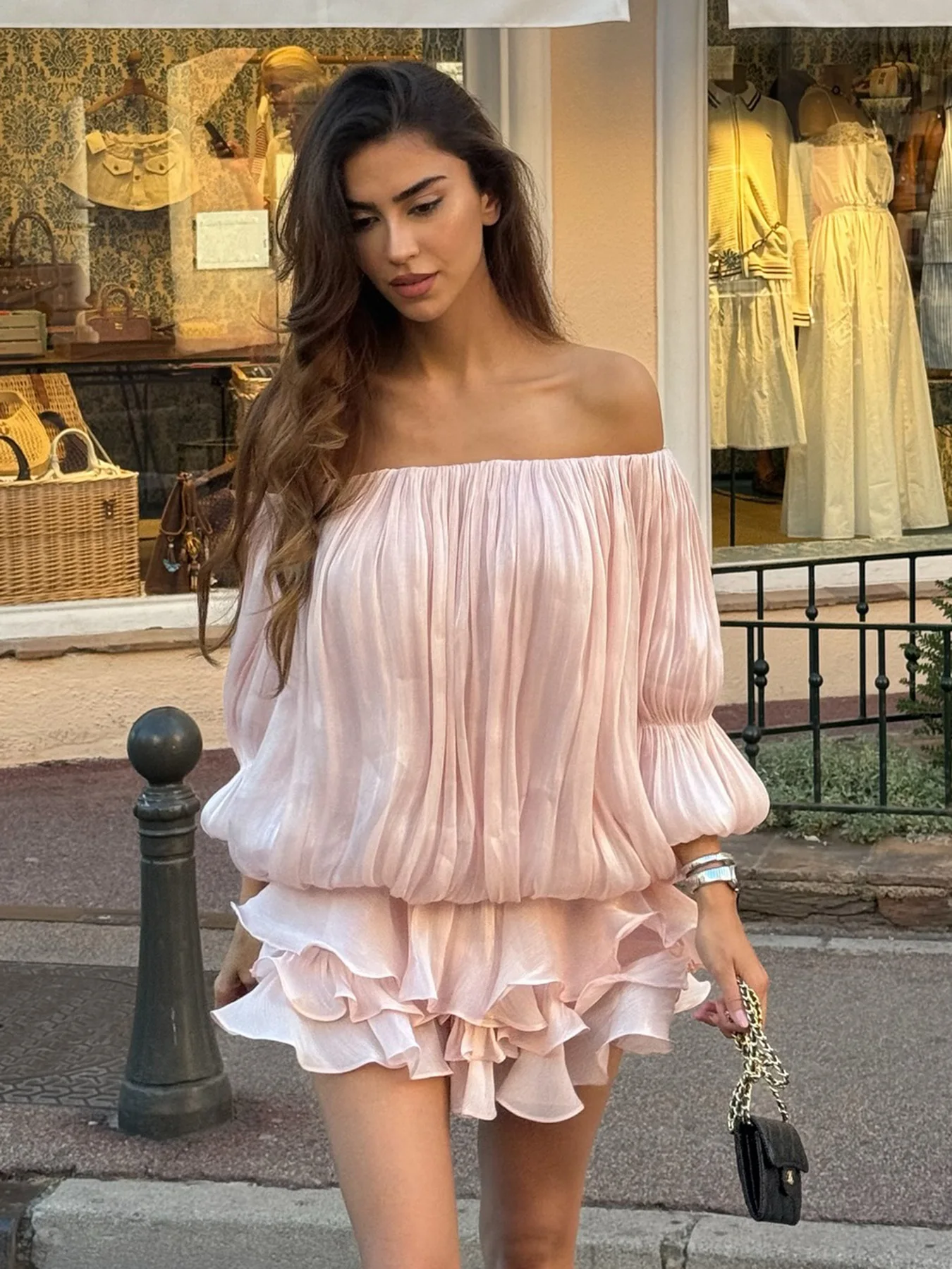 

Allure Summer Shiny One Shoulder Skinny Pleated Mini Dress Elegant Solid Ruched Long Sleeve Vestidos Lady Party Evening Dress